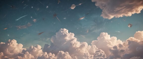 Wall Mural - distressed paper, retro sky, geometric clouds, stars , texture, celestial, background