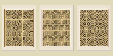 Poster - Geometric Rhythm: A Trio of Intricate Square Patterns Displayed as Artwork with Neutral Frames and a Muted Background Palette