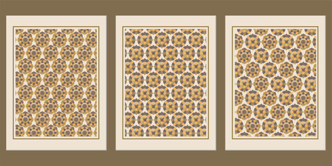 Poster - Harmonious trio of framed geometric floral patterns in warm autumnal hues, creating a sophisticated and inviting aesthetic for interior design or visual projects