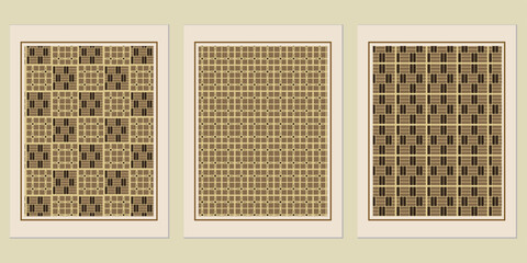 Poster - Collection of three ornate wall art prints featuring different geometric patterns in brown and beige, suitable for adding an elegant touch to any interior décor