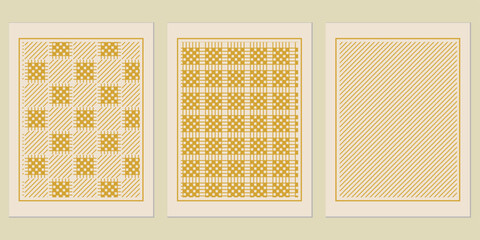 Poster - Aesthetic geometric wall art print set with woven patterns and elegant ochre lines creating a harmonious modern textile style home decor