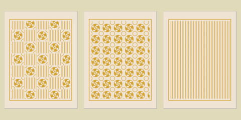 Poster - Elegant golden vintage patterns, showcasing geometric grids, refined ornamental circles, and parallel line arrangements, exuding a sophisticated artistic flair and visual harmony
