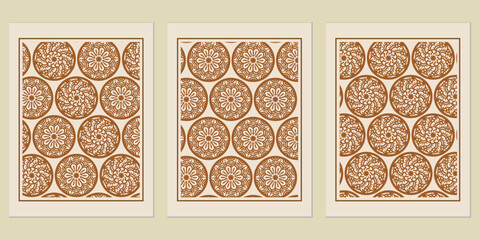 Poster - Harmonious trio of framed artworks showcasing intricate circular designs with rustic charm and delicate artistry for interior decoration or textile design inspiration