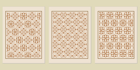 Poster - Trio of ornamental framed panels showcasing delicate arabesque patterns in sepia tones on a creamy neutral background, an exquisite decorative set
