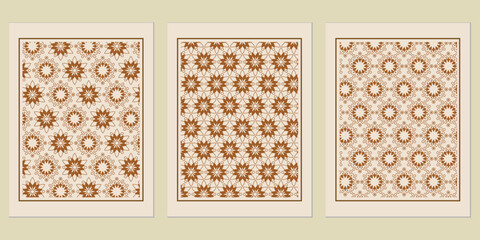 Poster - Elegant floral motif triptych featuring geometric patterns in earthy brown tones, ideal for decorative art print or wall panel, evoking a sense of subtle vintage charm