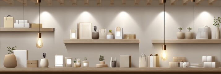 Poster - Visualization of Gift Shop Shelves Displaying Various Light Neutral Products in a Serene Setup for Enhanced Shopping Experience