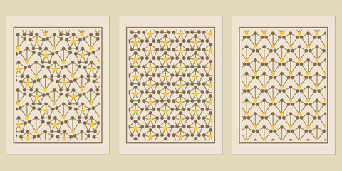 Poster - Geometric Harmony: A Set of Three Art Prints Featuring Brown Lines, Circles and Yellow Stars, Offering a Modern and Abstract Aesthetic, Artful Symmetry and Balance