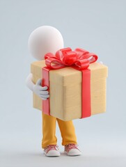 Poster - 3D Character Joyfully Holding a Large Gift Box With a Bright Red Ribbon in a Minimalist Setting