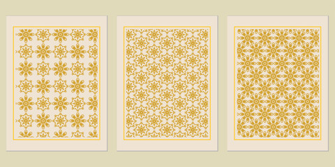 Poster - Elegant triptych illustration showcasing ornate golden flower motifs against a cream background, ideal for sophisticated interior décor or artistic presentations