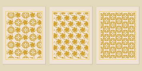 Poster - Harmonious collection of three art prints featuring abstract geometrical motifs with muted gold colors and structured patterns, offering visual aesthetic