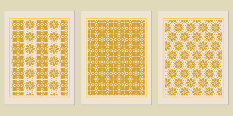 Poster - Aesthetic triptych featuring refined golden floral and geometric patterns offering versatile decorative possibilities for wall art and interior designs