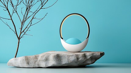 Poster - Modern Minimalist Product Mockup: Blue Ring Light on White Stone