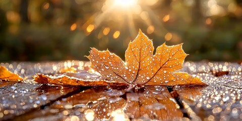 Wall Mural - Autumn leaf with water droplets macro shot against a blurry background