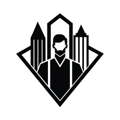 Poster - Professional architect or urban planner logo design with skyscrapers and geometric emblem in black and white