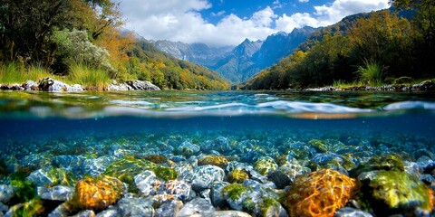 Wall Mural - Captivating river scene showcasing underwater world with crystal clear water revealing rocks and lush 