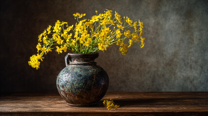 Poster - Still life photography of yellow flowers in rustic vase on wooden table for home decor ideas