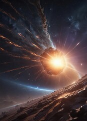Wall Mural - shimmering energy pulses radiate from a celestial rift, cosmic dust swirling , dark, bright