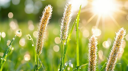 Wall Mural - Close up of wheat and blades of grass in the sunlight depicting a scene of a sunny day with morning dew and a sense of freshness and tranquility