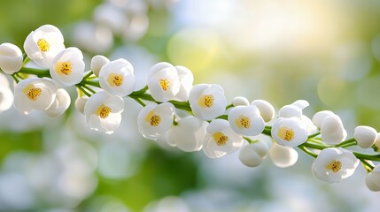 Wall Mural - Close up of white flowers with yellow centers on a branch soft green background in sunlight capturing the essence of spring and beauty