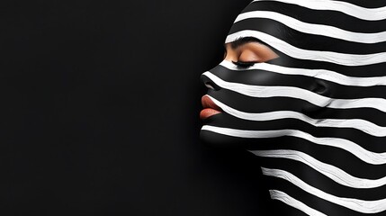 Poster - Profile of a Woman with Black and White Striped Body Paint on Dark Background