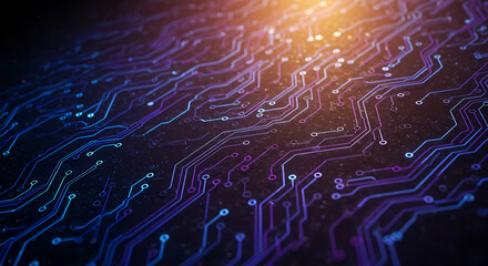 Poster - Abstract circuit board design with glowing connections, representing technology, innovation, and the interconnectedness of digital systems.