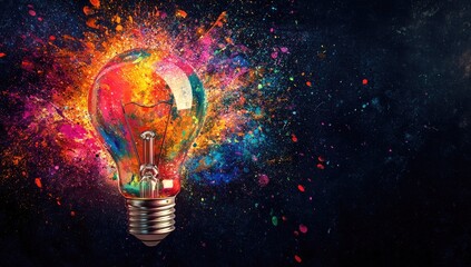 Poster - A vibrant light bulb bursting with colorful paint splashes against a dark background. symbolizing creativity and innovation in artistic endeavors