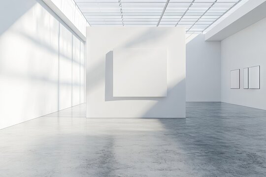 A spacious. modern art gallery featuring blank canvases on white walls. illuminated by natural light streaming through a skylight. creating a serene atmosphere for visitors