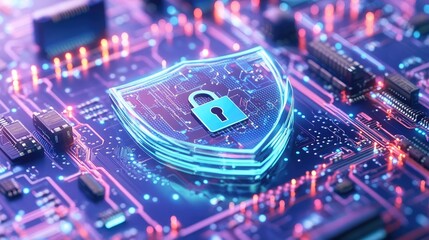 Poster - A curious dachshund rests on a circuit board. symbolizing the intersection of technology and companionship. while a shield with a keyhole suggests security and protection