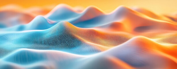 Poster - A mesmerizing abstract representation of flowing waves in vibrant blue and orange hues. creating a dynamic visual effect with sparkling particles in a digital landscape