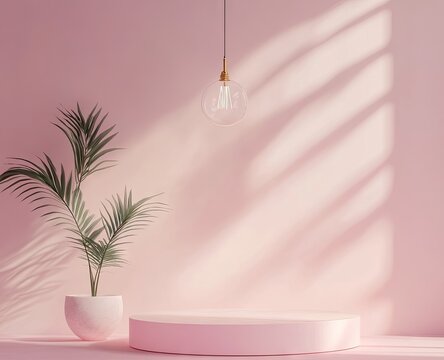 Minimalist interior scene featuring a round display pedestal under a warm light. complemented by a lush green plant in a white pot against a soft pink wall