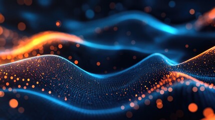 Poster - A mesmerizing digital landscape showcasing vibrant waves of glowing blue and orange light. representing data flow. set against a dark background. ideal for technology and innovation themes