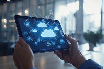 Poster - A person interacting with a tablet displaying cloud computing graphics. set in a cozy caf? atmosphere with warm lighting and blurred background elements