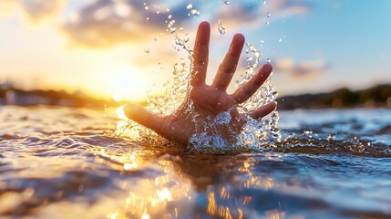 Wall Mural - Hand reaching out of water at sunset with splashes capturing the light and movement creating a vivid and dynamic image of freedom and lifes vibrancy