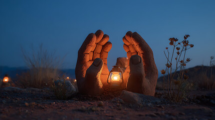 Wall Mural - Giant clay hands cradle glowing orb at twilight, creating surreal scene. They exude sense of gentle protection, hope, and peaceful solitude