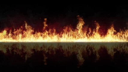 Wall Mural - fire wall on reflective black surface 8k loop features a long line of flames on a reflective black s