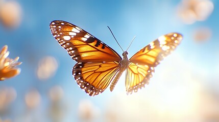 Wall Mural - Monarch butterfly in flight close up macro shot with orange and black wings against a bright blue sky capturing the beauty of nature and insect details