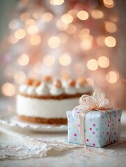 Poster - Birthday Celebration With Cake and Gift on a Festive Table Surrounded by Soft Bokeh Lights