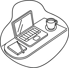 Aufkleber - A minimalist black and white line art illustration featuring a laptop coffee cup notepad and pen representing work and study.