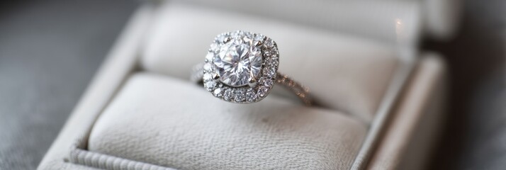 Poster - Beautiful Anniversary Ring Displayed on a Soft Cushion Under Bright Lighting Showcasing Its Elegance and Charm
