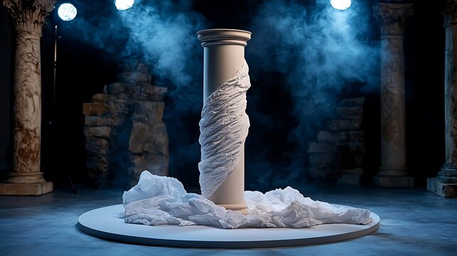 White Marble Column with Draped Fabric in Dark Studio Setting