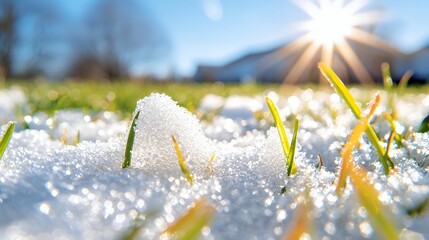 Wall Mural - Snow covered grass blades in a macro shot under the bright sun showcasing winter beauty ice details and the resilience of life