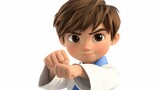 Close-up of a determined cartoon boy in a martial arts pose.