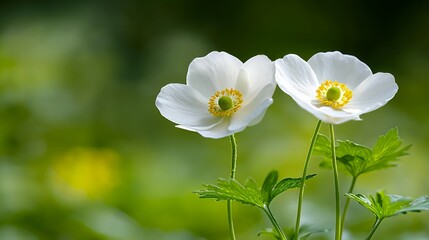 Wall Mural - Stunning close up shot of white anemone flowers in full bloom featuring vibrant yellow centers and green leaves against a blurred green backdrop a perfect image for nature lovers