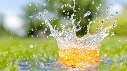 Wall Mural - Stunning water splash on green grass under a sunny sky