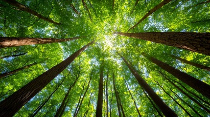 Wall Mural - Sunlight filtering through the canopy of a lush forest creating a beautiful natural view looking up at the tall trees leaves and branches with vibrant green foliage