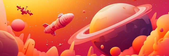 Wall Mural - spaceship soaring past planets and nebulae in vibrant cosmos.