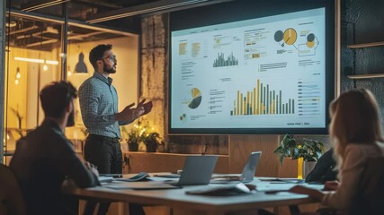 Poster - Business Meeting with Presentation and Analytics in Modern Office Space