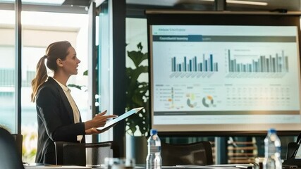 Poster - Businesswoman Presenting Data with Charts in Modern Office Meeting