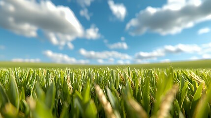 Wall Mural - Vibrant green field of grass and wheat under a bright blue sky