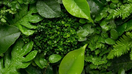 Wall Mural - Vibrant green foliage with water drops showcasing textures and natural patterns of leaves creating a fresh and invigorating nature themed atmosphere